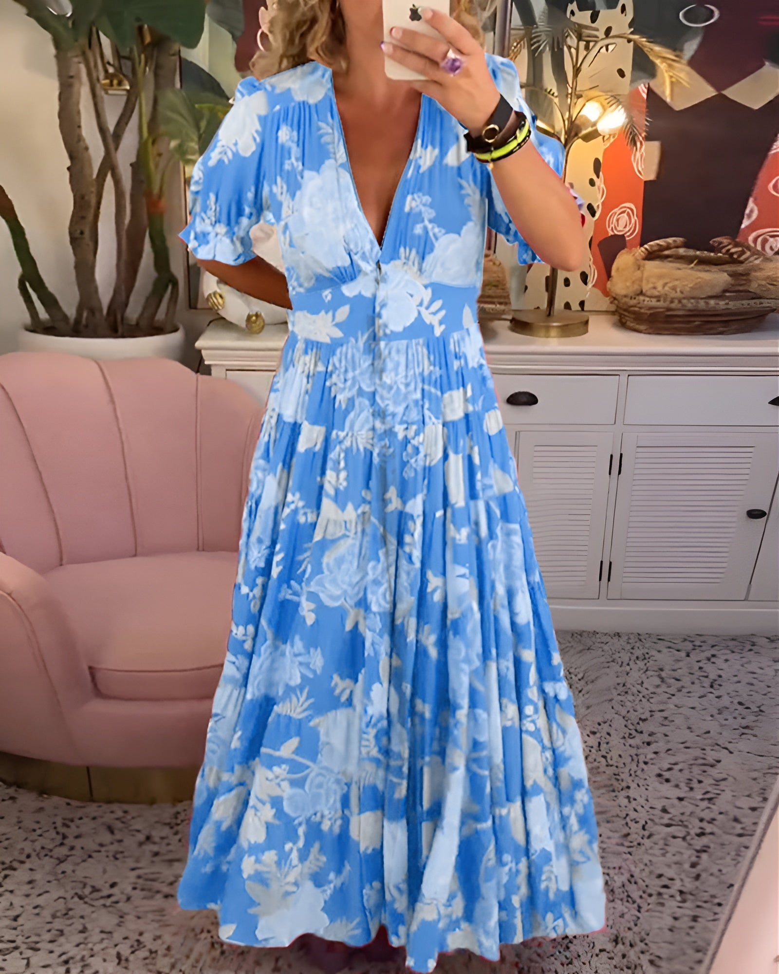 Freya™ | Kjole med lommer og V-hals i blomsterprint