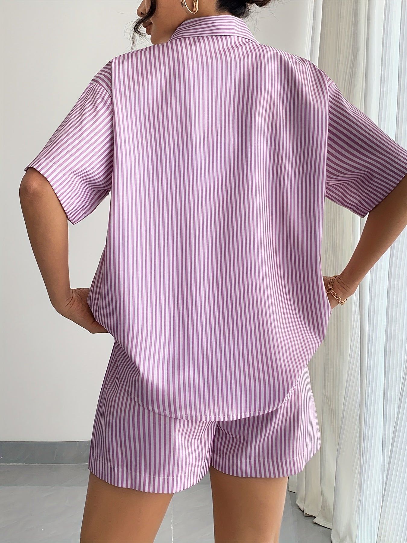 Freya™ | Stripete 3-delt Sommerset med Cami, Shorts og Skjorte
